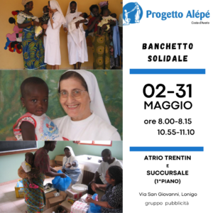 Il volantino che pubblicizza l'iniziativa, confoto di Suor Tiziana e altre religiose attorniate da bambini ivoriani nella missione di Alépé.